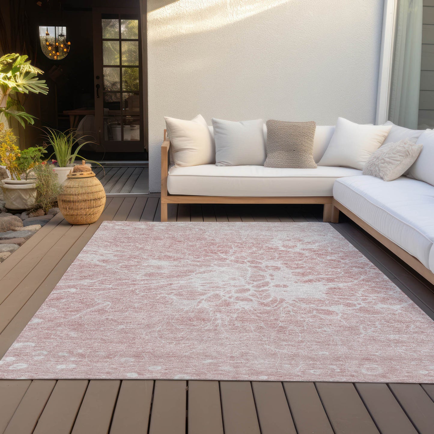 10' X 14' Pink Blush And Ivory Abstract Washable Indoor Outdoor Area Rug-6