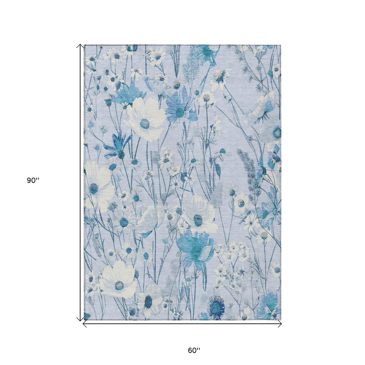 5' X 8' Sky Blue And Denim Blue Floral Washable Indoor Outdoor Area Rug-2